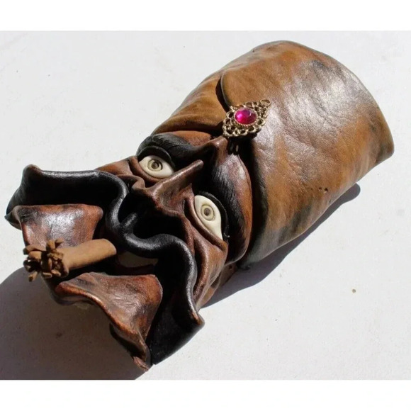 Vintage Genuine Leather Gypsy Face Mask Molded Sculpture Handmade Wall Decor - Picture 2 of 3